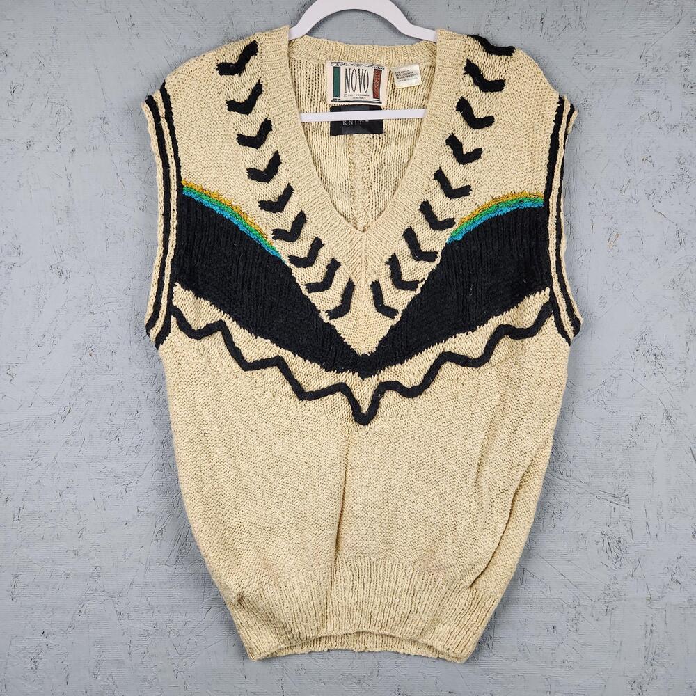 Vintage NOVO Sweater Vest Mens Medium Beige Black Hand Knit Linen Native 80s